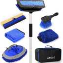 62'' Car Wash Brush with Long Handle, Scratch-Free Car Wash Mop Kit with Wheel Tire Brush, Wash Mitt Towel, Windshield Squeegee, Car Cleaning Brush Kit for Cars RV Truck Boat
