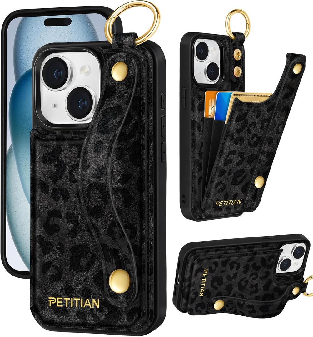 Petitian for iPhone 15 Wallet Case - Women Girls Cute Girly Aesthetic Unique Design Leather Credit Card Holder Phone Cover Stand Wristband for iPhone 15, Black Leopard
