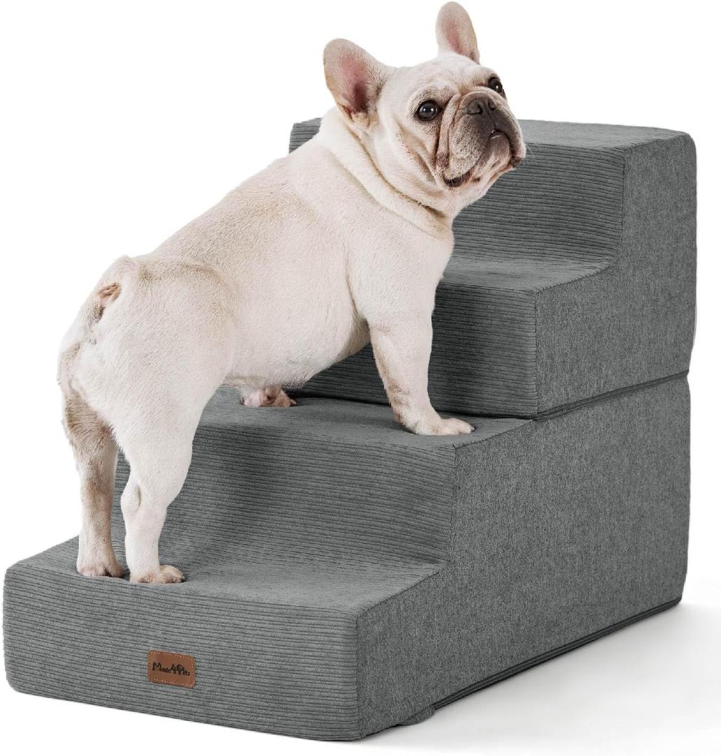 Made4Pets Dog Steps for Bed, Extra Wide Dog Stairs for High Bed Couch Sofa, 35D Foam Pet Steps for Small Dogs and Cats, Non-Slip Bottom Pet Stairs, Grey, 4 Steps (28"x16"x18"H)
