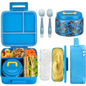 JXXM Bento Lunch Box for Kids With 8oz Soup thermo,Leak-proof Lunch Containers with 5 Compartment,thermo Food Jar and Lunch Bag, Food Containers for School (A-Blue(Extreme Locomotive))