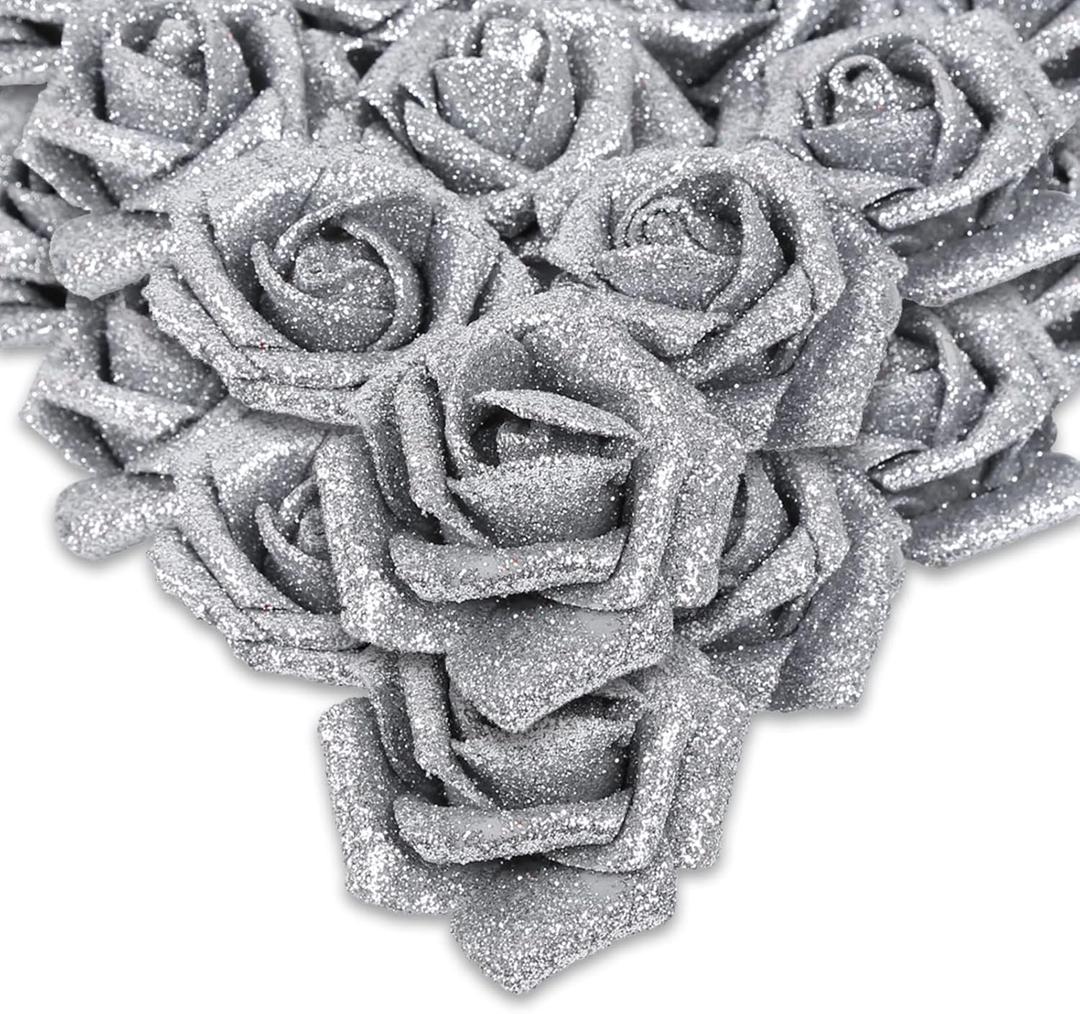 IPOPU Silver Roses Artificial Flowers,50pcs Glitter Flowers Fake Foam Roses with Stem for DIY Wedding Bridal Bouquet Home Party Christmas Decoration(Silver)