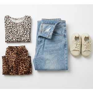 4-Piece Women's & Infant Fashion Bundle, Light-Wash Denim Jeans L, Short-Sleeve Leopard Print Top 3XL, Pleated Leopard Print Dress L, Cream Knit Infant Sneakers