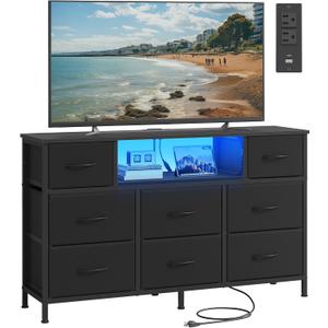 SONGMICS BELLAH Collection - Dresser for Bedroom with Outlets and LED Lights, TV Stand for TVs Up to 55 Inches, Chest of Drawers, 8 Drawers, Steel, Industrial, Modern, Ink Black ULGS433BH02S