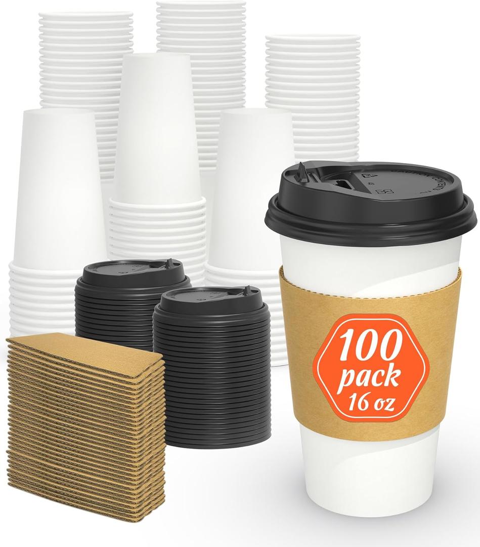 Dealusy 100 Pack 16 oz Disposable Coffee Cups with Lids and Sleeves, Sturdy Thick Paper & Leak-free Insulated to Go Paper Hot Coffee Cups for Hot & Cold Beverage
