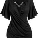 ROSE GAL Plus Size Lettuce Ruched Chain Embellished Plunging Blouson Tee (Black), M