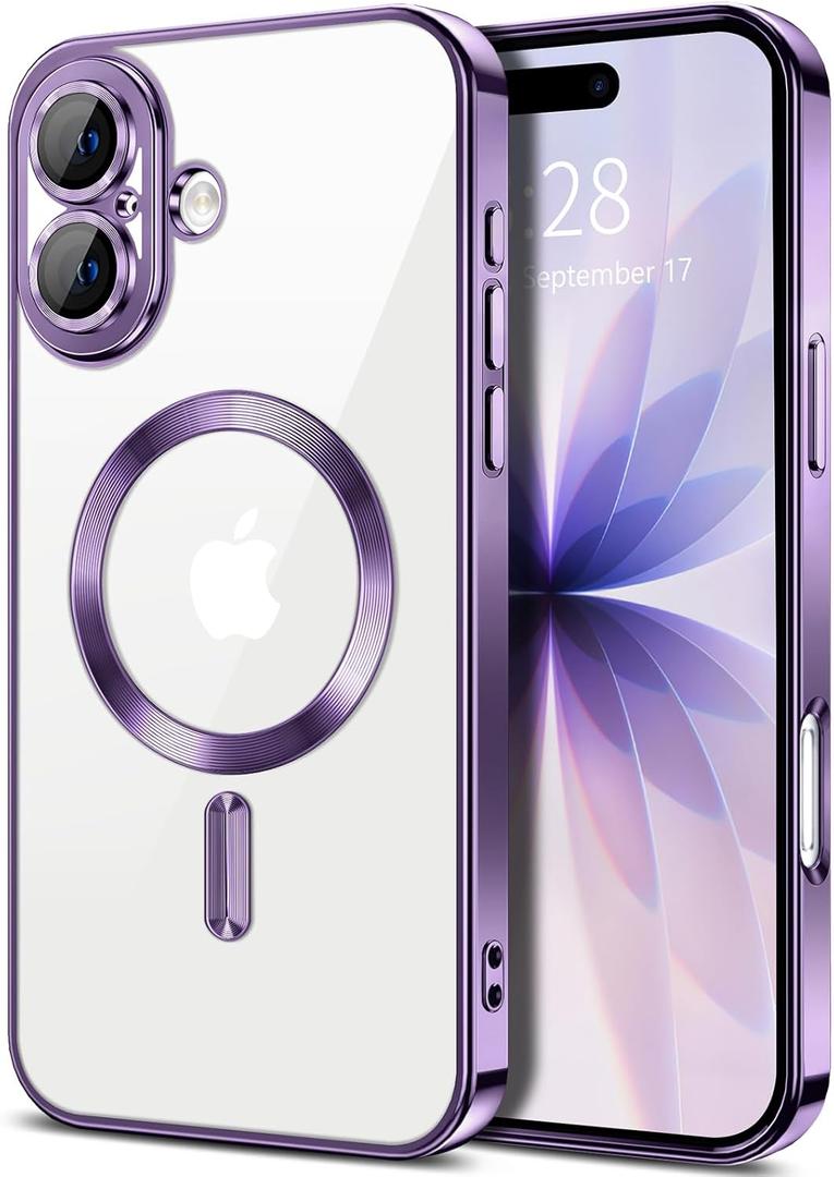 Hython Magnetic Clear for iPhone 17 Case with Camera Lens Protector [Compatible with MagSafe] Luxury Plating Edge Slim Soft TPU Cover Protective Phone Case for iPhone 17 6.3", Deep Purple