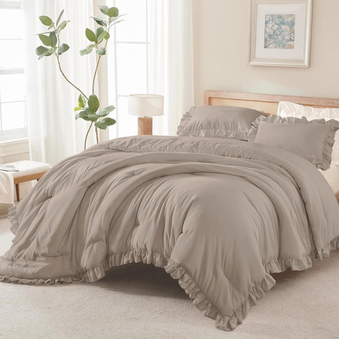 Andency Light Brown Ruffle Comforter Queen(90x90Inch), 3 Pieces(1 Ruffled Comforter and 2 Pillowcases) Solid Farmhouse Shabby Chic Bed, Vintage Rustic Soft Microfiber Bedding Set