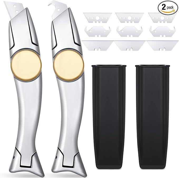 WILLBOND 2 Sets Navajas Roofing Heavy Duty Shark Vinyl Knife with Utility Knife Blades Replacement Roofing Tools Carpet Blade Cutter for Indoor Outdoor (Silver)