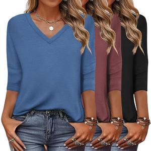 Zeagoo Women's T Shirts 3 Pack 3/4 Sleeve V Neck Basics Tees Casual Loose Fit Soft Fall Tops Outfits 2025 S-XXXL (Medium)