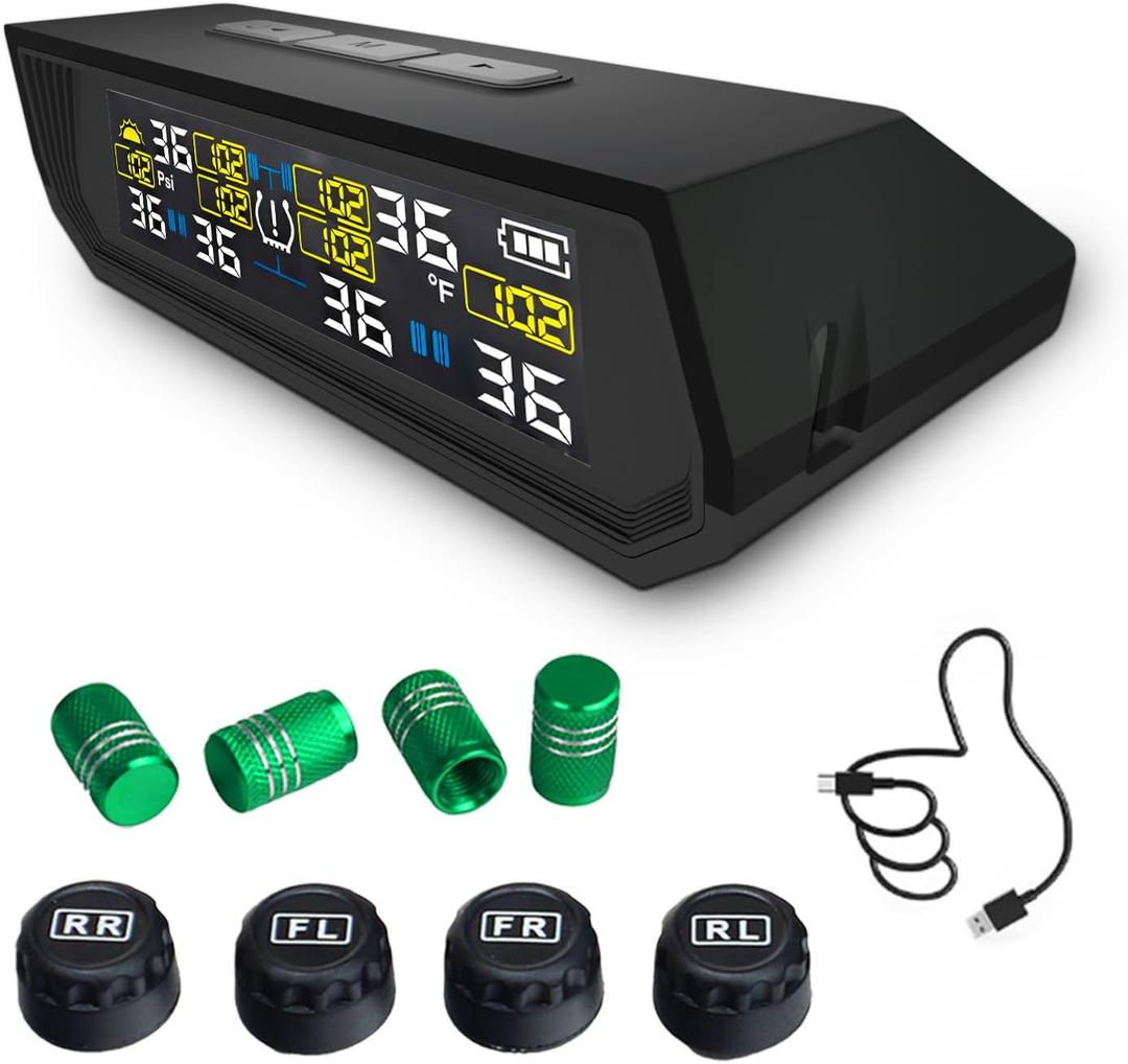 Tire Pressure Monitoring System TPMS, Solar Charge Tire Pressure Monitor with 4 External Sensors & 6 Alarm Modes, 0-99 PSI, Real-time Wireless TPMS for Car Sedan SUV Pickup - with 4 Tire Valve Caps