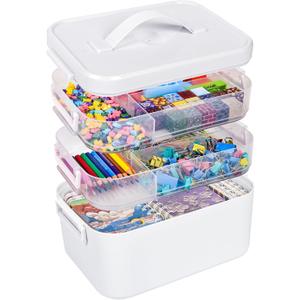 13.3 QT Art Supply Organizer Box with Handle, White 3-Tier Stackable Craft Storage Container with Removable Trays for Markers, Paints, Beads and Sewing Accessories 11.1''x7.7''x9.1''