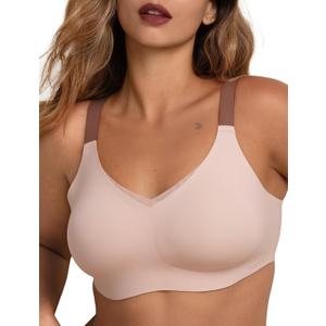 COMFELIE Women No Underwire Bra Comfy Seamless Bras Full Coverage Mesh Bralette with Adjustable Contrast Color Strap, Large