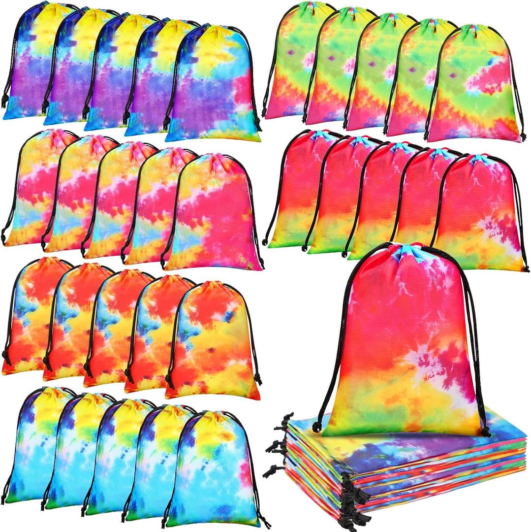 Zhengmy Tie Dye Party Favor Bags 10 x 7 Inch Candy Goodies Treat Bags Drawstring Colorful Birthday Gift for Tie Dye Supplies Beach Party(32 Pack,Graffiti Style)
