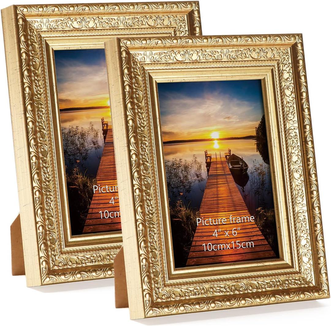 Edenseelake 4x6 Picture Frames Set of 2, Vintage Gold Photo Frame 4 by 6 for Tabletop or Wall Display