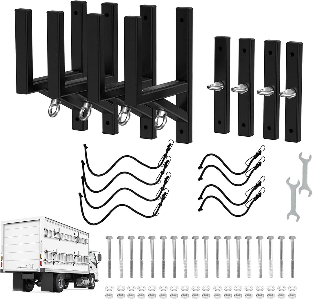 Cargo Trailer Ladder Rack-400lb Load-Carry 2-4 Ladders-Adjustable Aluminum Side Mount RV Ladder Rack-Rubber Pads/Bungee Cords/Hooks for Open/Enclosed Trailer/Garage/Shed Exterior/Interior Wall