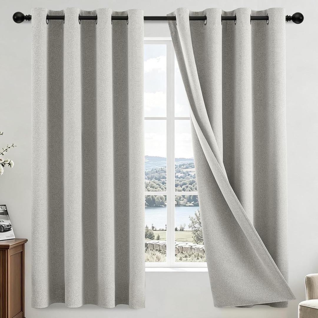 COSVIYA 100% Blackout Cream Linen Curtains & Drapes 63 Inch Length, 52"W x 63"L