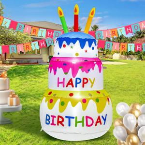 4FT Happy Birthday Inflatable Cake with Candles, Built-in LED Lights, Suitable for Indoor Outdoor Yard Lawn Decoration