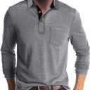 Men's Long Sleeve Polo Shirts Casual Button Classic Work Shirt Cotton Collared Basic Golf Shirt with Pocket (XX-Large, Gra)