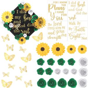 Suncalla 36 Pcs Green and Yellow DIY Graduation Cap Decorations Kit, 20 Roses Sunflower Flower Heads 4 Inspirational Quote Glitter Stickers 12 3D Butterfly for Grad Cap Topper DIY Art Gift