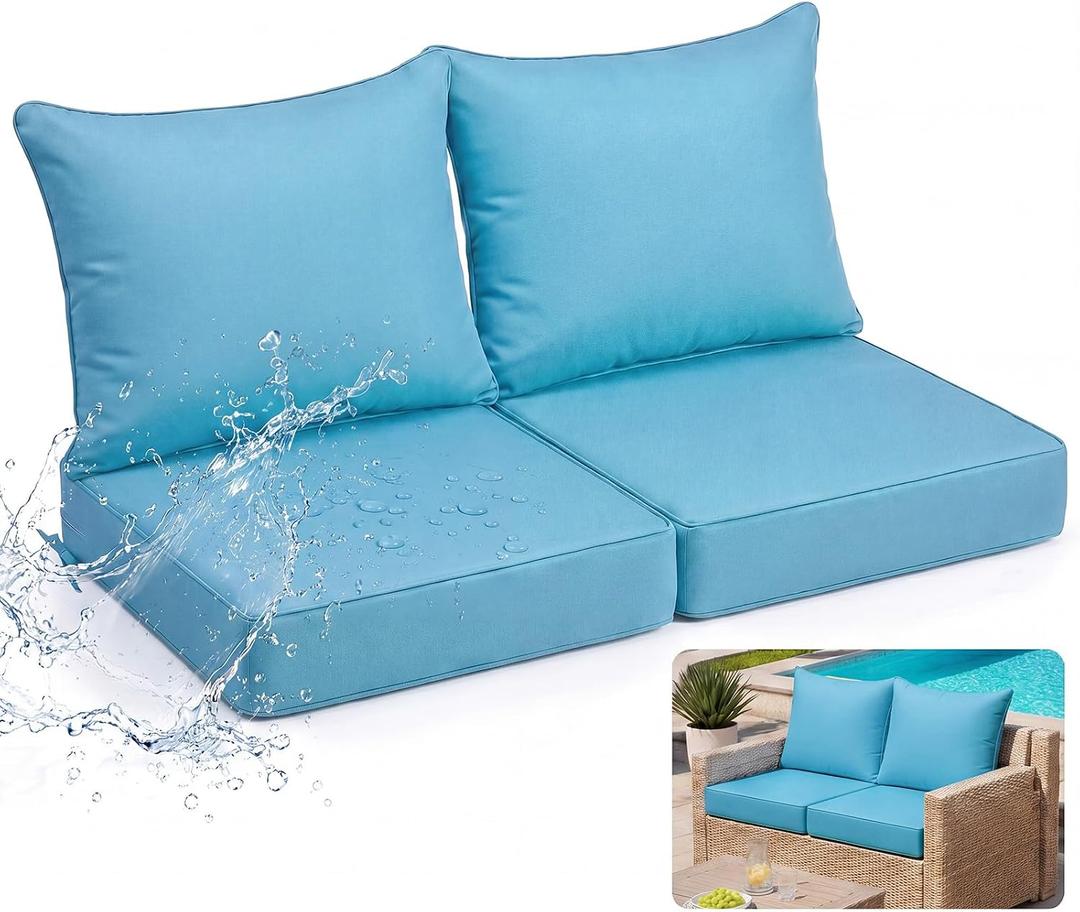 Juexica Sky Blue 24 x 24 Inch Outdoor Seat Cushion Set of 2, Waterproof Patio Furniture Cushions with Back Pillows and Ties, Deep Seat Replacement Cushions for Poolside Outdoor Beach Sofa Chair