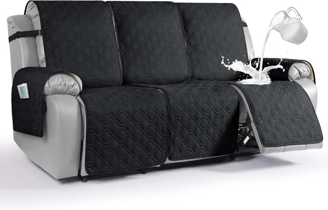 VANSOFY Waterproof Recliner Couch Covers, Sofa Covers 1-Piece Washable Reclining Sofa Cover Non-Slip Furniture Protector with Elastic Straps Pocket for Dogs, Pets(Black,3 Seater)