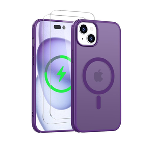 Iokmax Magnetic for iPhone 15 Pro Max Case [Compatible with MagSafe]with 2X Screen Protector, MilitaryGrade Slim Shockproof Phone Cover Translucent Matte AntiFingerprint AntiScratch,6.7 inch,Purple, Set of 2