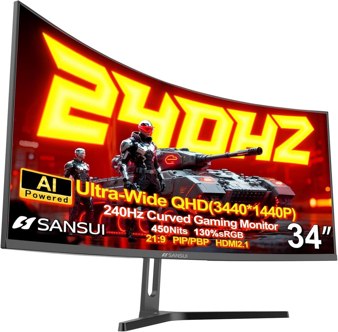 SANSUI 34 Inch 240Hz Ultrawide Curved Gaming Monitor UWQHD 34401440, 21:9 2K Curved Monitor 1500R,HDR400,Fast VA, PIP/PBP,AI Crosshair,AIPQ(Visual Enhance),MPRT 1ms,HDMI2.1 * 2,DP1.4 * 2