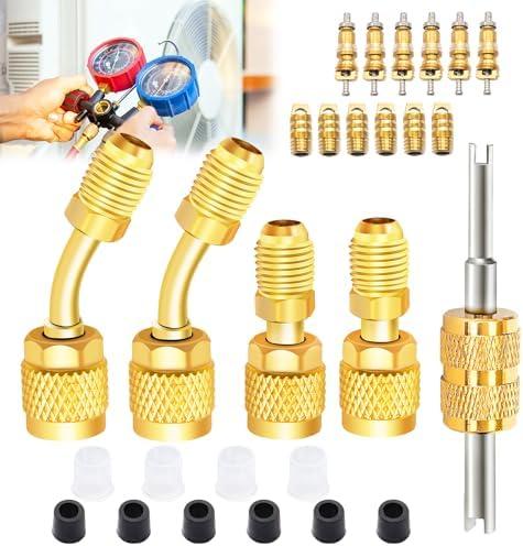 Ruibapa Mini Split Adapter 5/16 Female 1/4 Male Flare Charging Vacuum Port with 4 Sealing Plugs and Valve Core kit for Air Conditioners HVAC Refrigeration 2 Straight+2 Angled