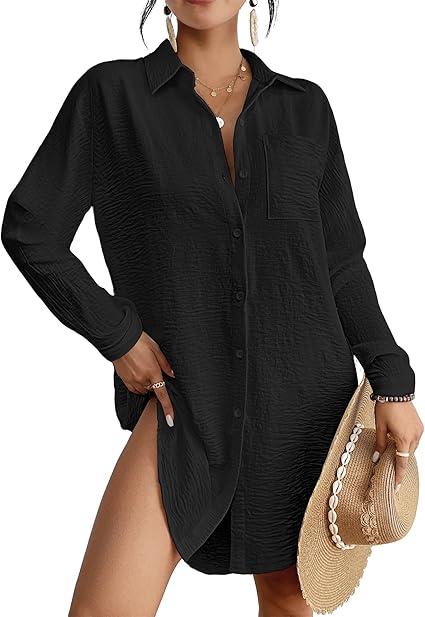 Bsubseach Swimsuit Coverup for Women Button Down Beach Cover Ups Long Sleeve Shirt Dress Modern Blouse Top (Medium, Black)