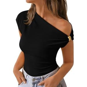 ZESICA Women's 2026 Summer Off Shoulder Tops Going Out Sexy Y2k Shirts Spring Cap Sleeve Ruched Asymmetrical Blouses, Size M