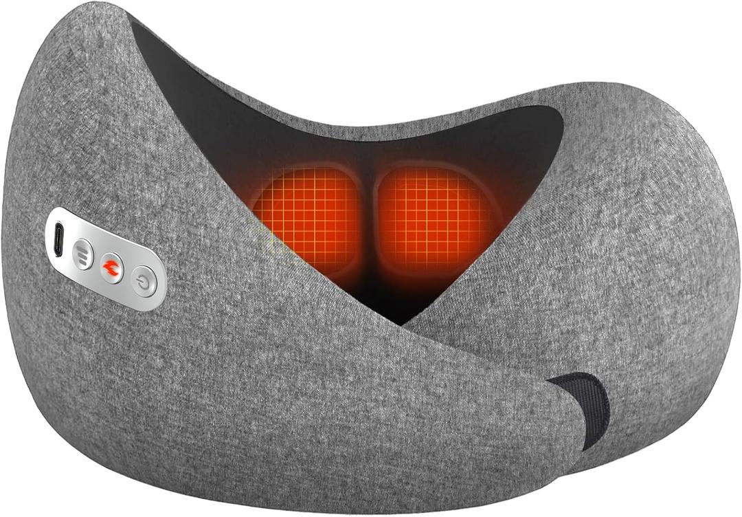 Travel Neck Pillow 3 in 1 with Heating and Massage, Memory Foam Cervical Pillow, 360 Ergonomic Design, Asymmetrical Sides Wireless Portable for Airplane Car Office, Skin-Friendly Cover (Grey)