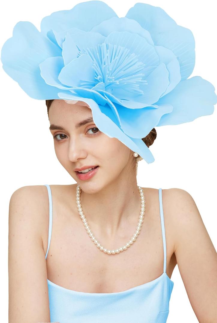 Gionforsy Flower Fascinators Hat Tea Party Hats for Women Flower Cocktail Headband for Wedding (One Size, Blue)