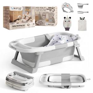 6-in-1 Collapsible Baby Bathtub Set with Thermometer, Foldable Infant Tub for Newborn to Toddler, Portable Bath Set with Cushion, Rinse Cup, Cap, Towel & Mitt, All-in-One Baby Bath Essentials