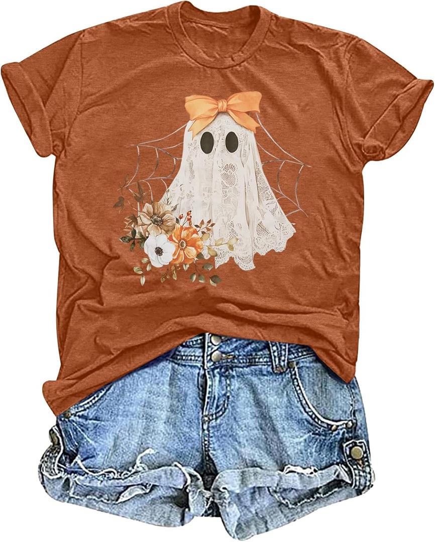 Halloween Shirts for Women Spooky Season T Shirt Cute Ghost Graphic Fall Tee Top (M)
