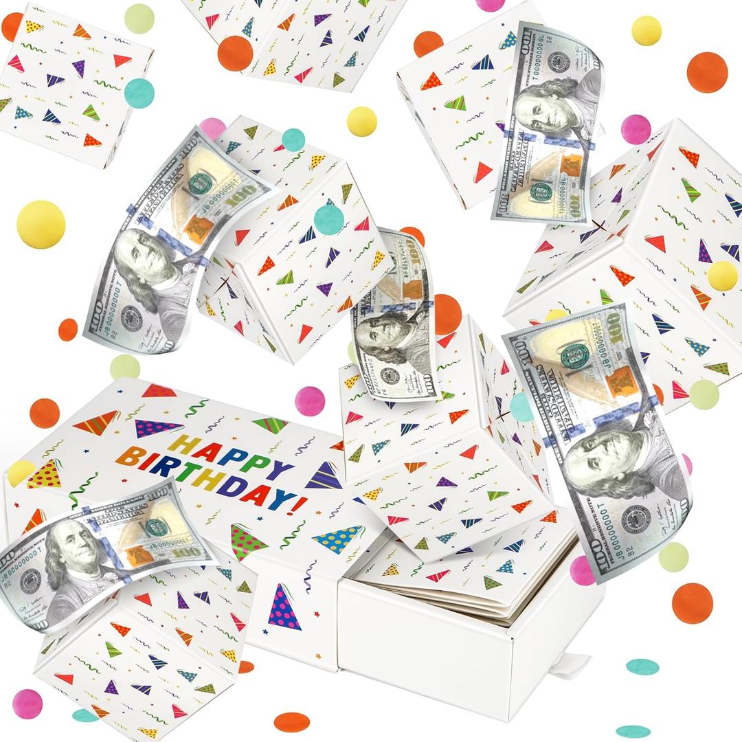 Happy Birthday Surprise Gift Box Explosion for Money - DIY Pop Out Folding Bounce Explosion Gift Box with Confetti - Birthday Money Bank - Cash Gift Idea for Women Men Kids (White)