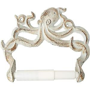 Decorative Cast Iron Octopus Toilet Paper Roll Holder  Wall Mounted Octopus Dcor for Bathroom  Kraken, Nautical Bathroom Accessories  Easy to Install with Included Screws and Anchors - Rust White