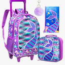 AGSDON 3PCS Rolling Backpack for Girls Boys, Kids Roller Wheels Bookbag, Wheeled School Bag with Lunch Bag