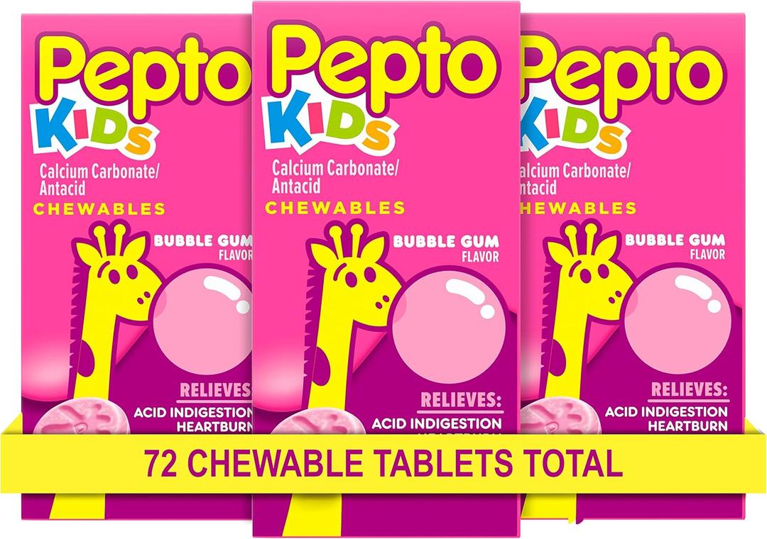 Pepto Kids Bubblegum Antacid Tablets Chewable, Upset Stomach Relief for Kids, Heartburn Relief, Acid Indigestion and Sour Stomach Relief, 72 Chewable Tablets (3x24 ct)