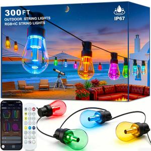 300FT RGB+IC Outdoor String Lights, Dimmable Shatterproof LED Bulbs, IP67 Waterproof DreamColor Chasing Lights, Multicolor Dynamic Lighting for Patio Balcony Garden & Outdoor Living Area Decoration