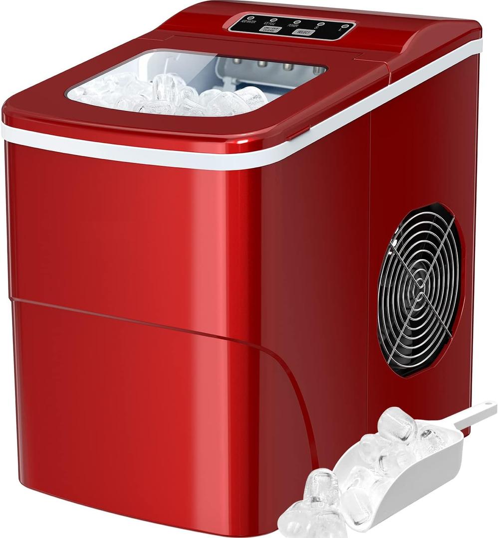 Silonn Ice Maker Machine for Countertop, 9 Bullet Cubes Ready in 6 Minutes, 26lbs 24Hrs Portable Self-Cleaning, 2 Sizes of Bullet-Shaped Home Kitchen Office Bar Party, Red