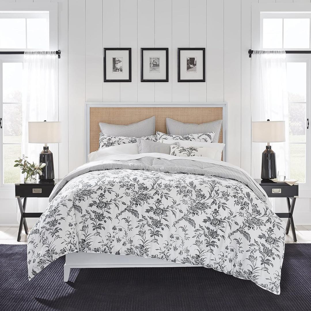 Laura Ashley - King Comforter Set, Reversible Cotton Bedding, Includes Matching Shams with Bonus Euro Shams & Throw Pillows (Amberley Black/White, King)