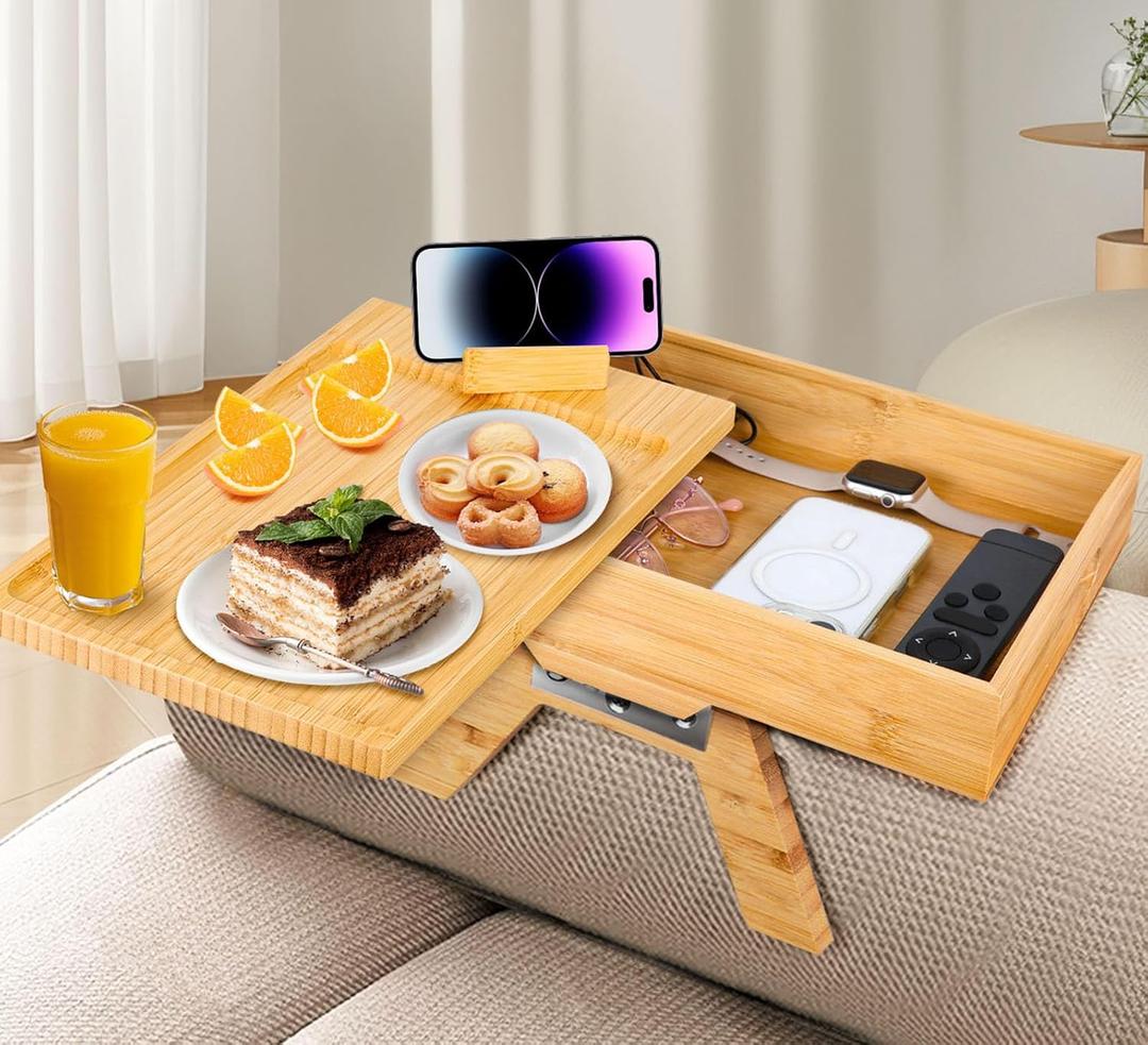 Couch Arm Table for Wide Sofa, 3 in 1 Folding Clip on Side Table with 360 Swivel Phone Holder and Storage Box, Wood Couch Tray Flexible Cup Holder for Drinks, Snacks, Remote