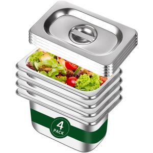 Hotel Pan With Lid 1/9 Size - 4" Deep 4 Packs Stainless Steel Food Pan for Steam Table, Commercial Restaurant, Anti Jam, Buffet