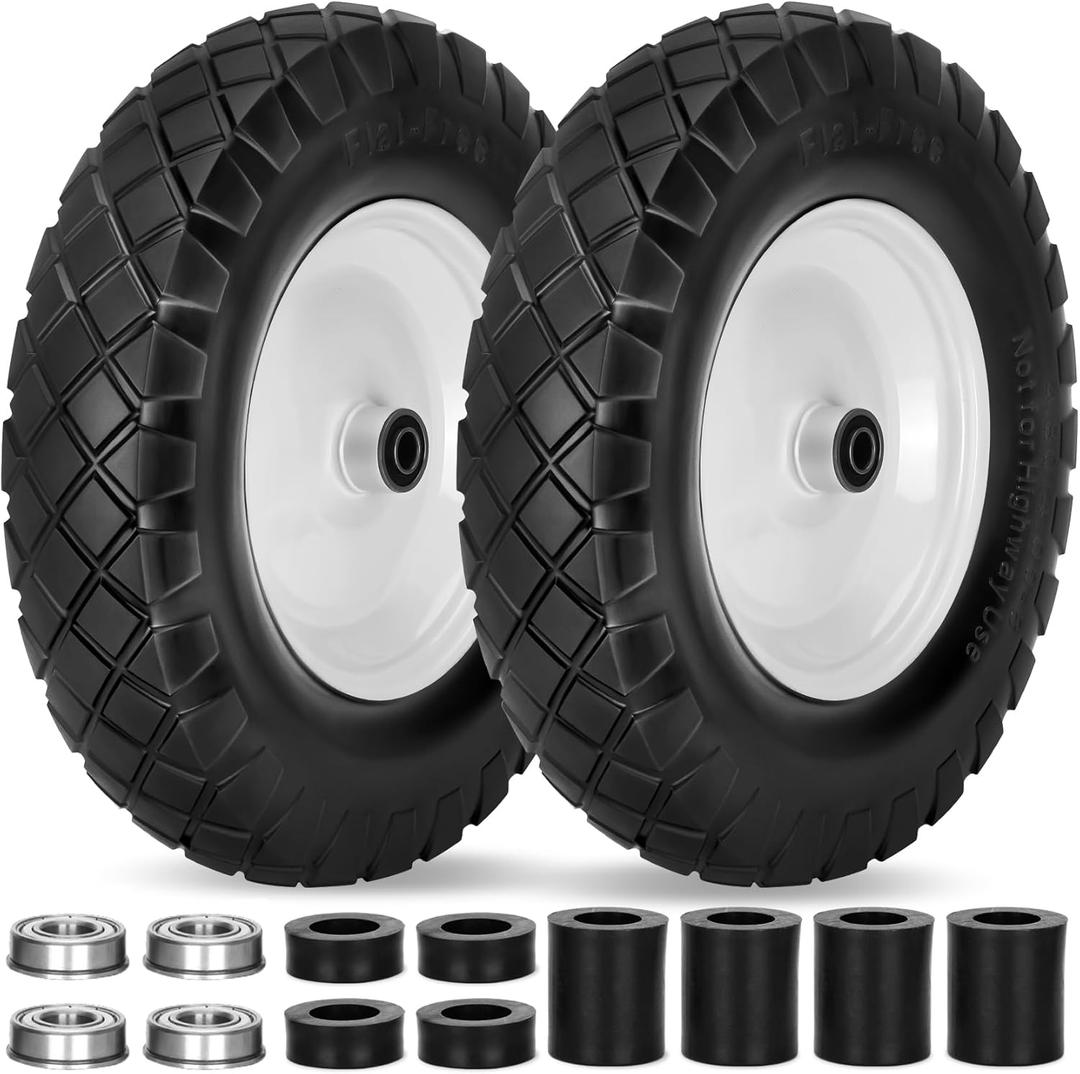 Upgraded 16" Flat Free Wheelbarrow Wheels and Tires, 4.80/4.00-8 Solid Wheelbarrow Tires with 5/8"&3/4" Bearings,14"-16" Universal Fit Wheelbarrow Tires for Wheelbarrows/Garden Trailer (black)