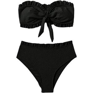 Women's Two Piece Swimsuit Strapless Ruffle Knot Front Bandeau Bikini Set Thong Bathing Suits Size, Small