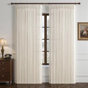 Pinch Pleated Linen 50 Inch Wide Curtains 96 Inches Long for Living Room, Memory Trained Pleat Boho Semi Sheer Birch Light Filtering Privacy Drapes 50x96 Inch Length 2 Panels Set Curtain Cream Ivory
