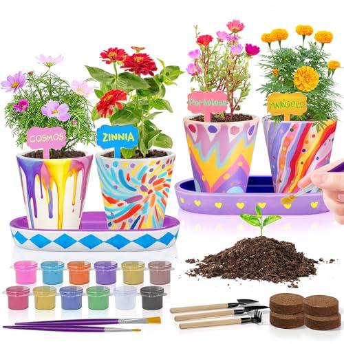 4 Set Paint & Plant Flower Gardening Kit - Gifts for Girls Ages 8-12, Arts and Crafts for Kids Ages 8-12, Kids Gardening Set, Toys Birthday Gifts for Kids Girls Boys Ages 6 7 8 9 10 11 12