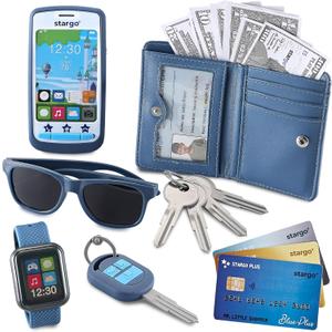 Play Wallet for Boys with Money and Pretend Play Toys, Cellphone, Smartwatch, Keys, Sunglasses, Toddler Wallet for Kids Ages 3 4 5 6 7 8 9 10 11 12  Grown Up Pretend Play Set for Kids