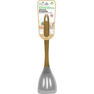 biosmart Acacia & Silicone Slotted Turner in Grey - With Slots Ideal for Straining - Kitchen Cooking Essential - Sustainable Wooden Handle - Comfortable Grip - Integral Hanging Hole