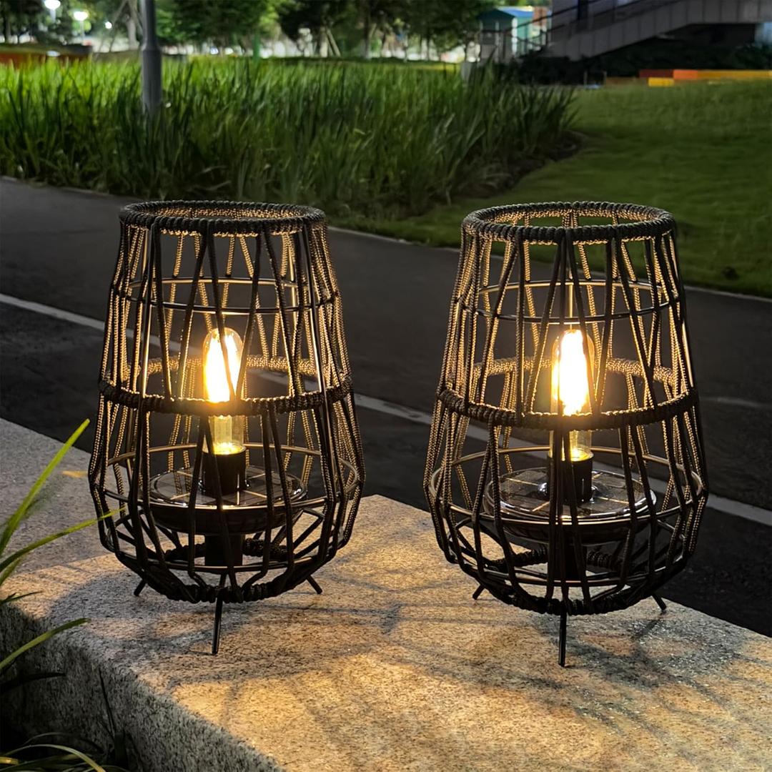 TRIROCKS Set of 2 Solar Lantern Outdoor Table Lamp Outside Hanging Solar Lights with Olefin Rope Waterproof Rattan Outside Deck Light for Patio Garden Lawn Yard (Black)